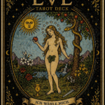 Suffix Tarotkarte EVE mit der Aufschrift „Ich wähle mich“: Figur im grünen Garten zwischen Apfelbaum, Sonne, Kelch und Schwert, goldene Ornamente, Schlange. Prefix