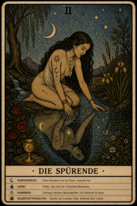 Suffix Tarotkarte „Die Spürende (II)“ mit Mond und Sternen: Eine Person kniet im Wasser, dazu Kernernergie, Liebe, Karriere und Selbstentwicklung. Prefix