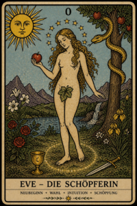 Suffix Die Tarotkarte „EVE – DIE SCHÖPFERIN“ zeigt eine Frau inmitten von Sternen, mit Kelch, Schlange, Blumen und ruhiger Symbolik in blau-goldenen Tönen. Prefix