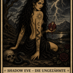 Suffix SHADOW EVE in dunkler Szene mit Blitzstimmung hält einen geöffneten Granatapfel, neben Schlange und Totenschädel, dazu tiefrote Akzente. Prefix