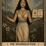 Suffix Ruhige Tarotkarte DIE WAHRHAFTIGE (XI) mit aufrechter Figur, Schwert und offenem Buch, klarer Botschaft, Symbolen für Herz und Grenzen. Prefix