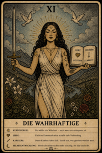 Suffix Ruhige Tarotkarte DIE WAHRHAFTIGE (XI) mit aufrechter Figur, Schwert und offenem Buch, klarer Botschaft, Symbolen für Herz und Grenzen. Prefix